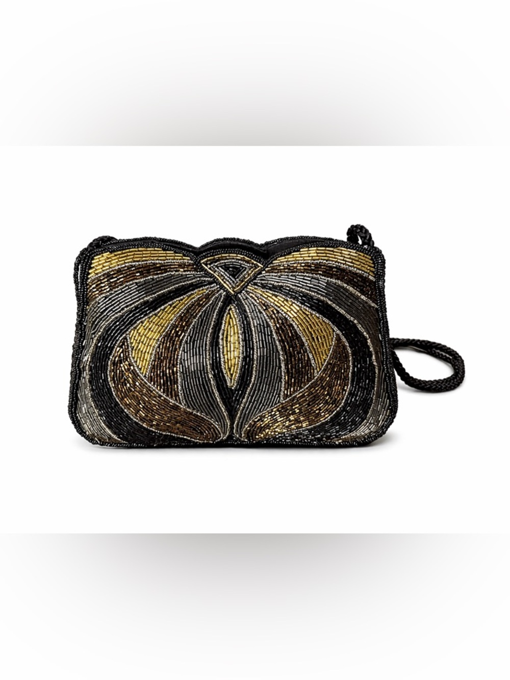 Vintage Beaded Clutch Art Deco Purse Gold Black Micro‎ Bead Evening Bag